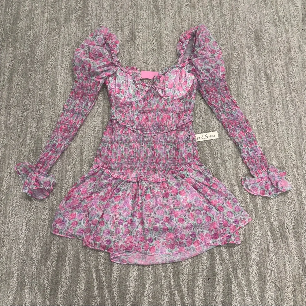 NWT For Love & Lemons Oakley Floral Print Puff Sleeve Corset Top Mini Dress Sz S - Picture 2 of 8